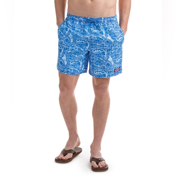 Vineyard Vines Men's Large Blue Bahama Map Chappy Swim Trunks Lined Pockets - Picture 1 of 13